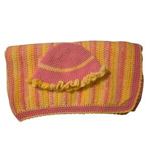 VTG Baby Blanket & Hat Pink/Yellow Handmade Crochet Set No Flaws 32 X 33 Approx.